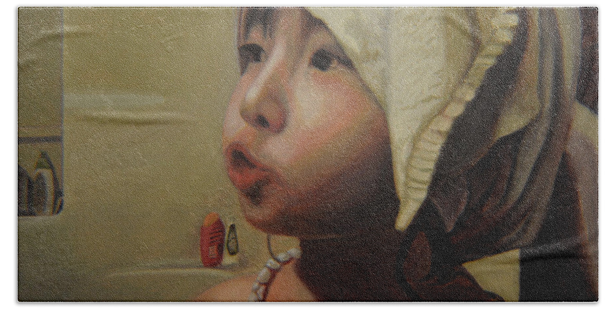 Figure Hand Towel featuring the painting Baby bath mama by Thu Nguyen