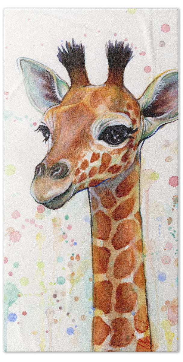 Watercolor Hand Towel featuring the painting Baby Giraffe Watercolor by Olga Shvartsur