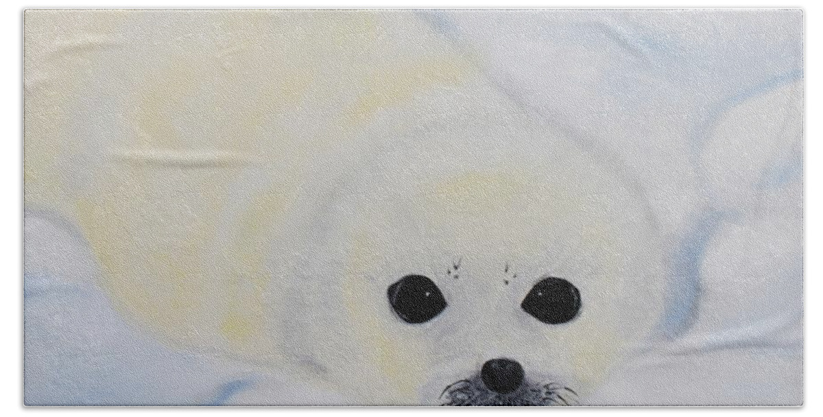 Baby Harp Seal Hand Towel featuring the painting Baby Harp Seal by Bev Conover