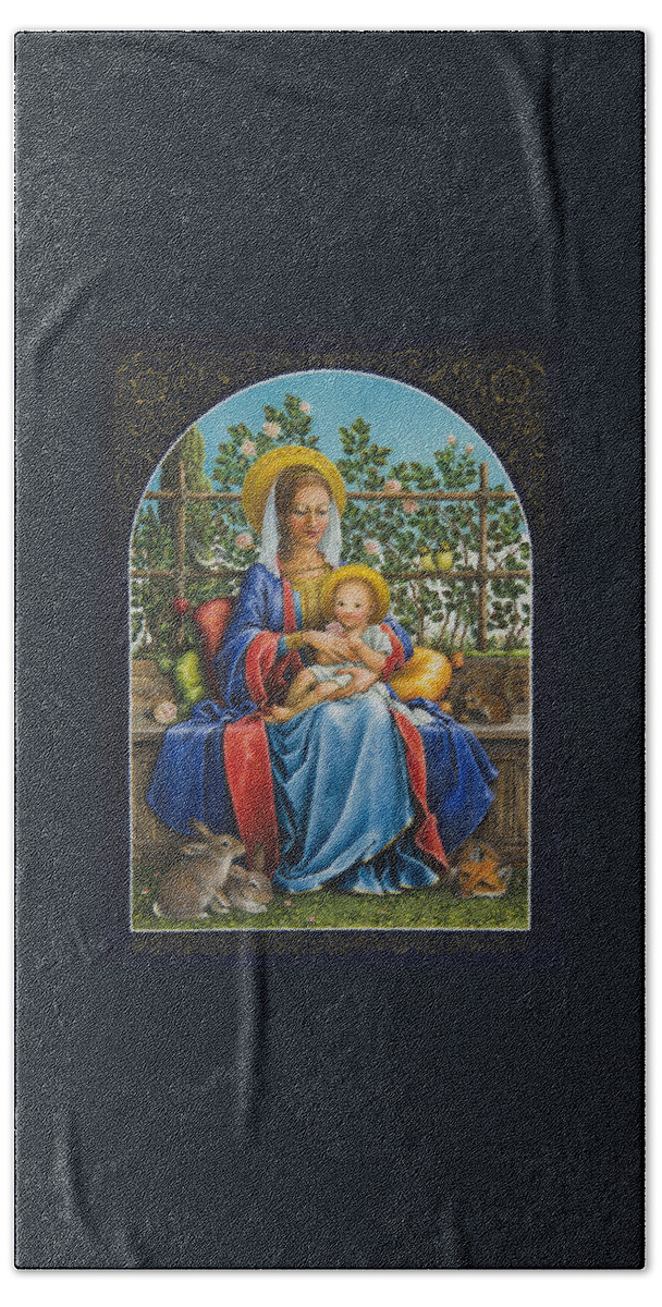 Virgin Mary Bath Towel featuring the painting Baby Jesus in the Garden by Lynn Bywaters