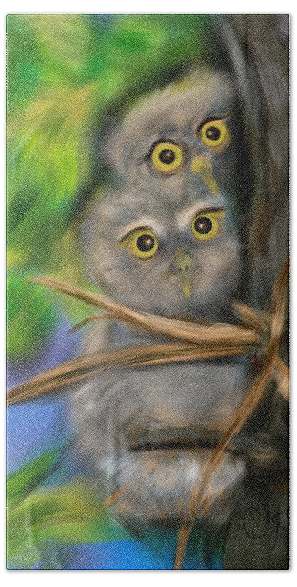 Animals Bath Towel featuring the digital art Baby Owls by Christine Fournier