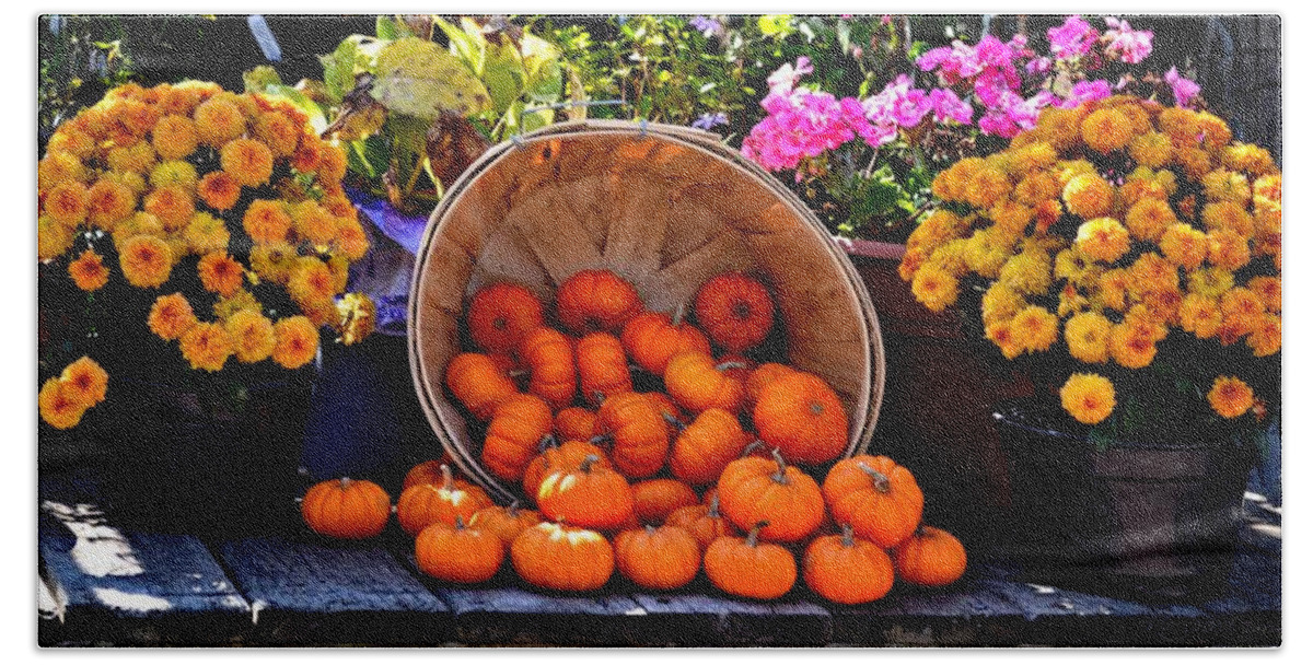 Pumpkins Bath Towel featuring the photograph Baby Pumpkins and Marigolds by Tara Potts