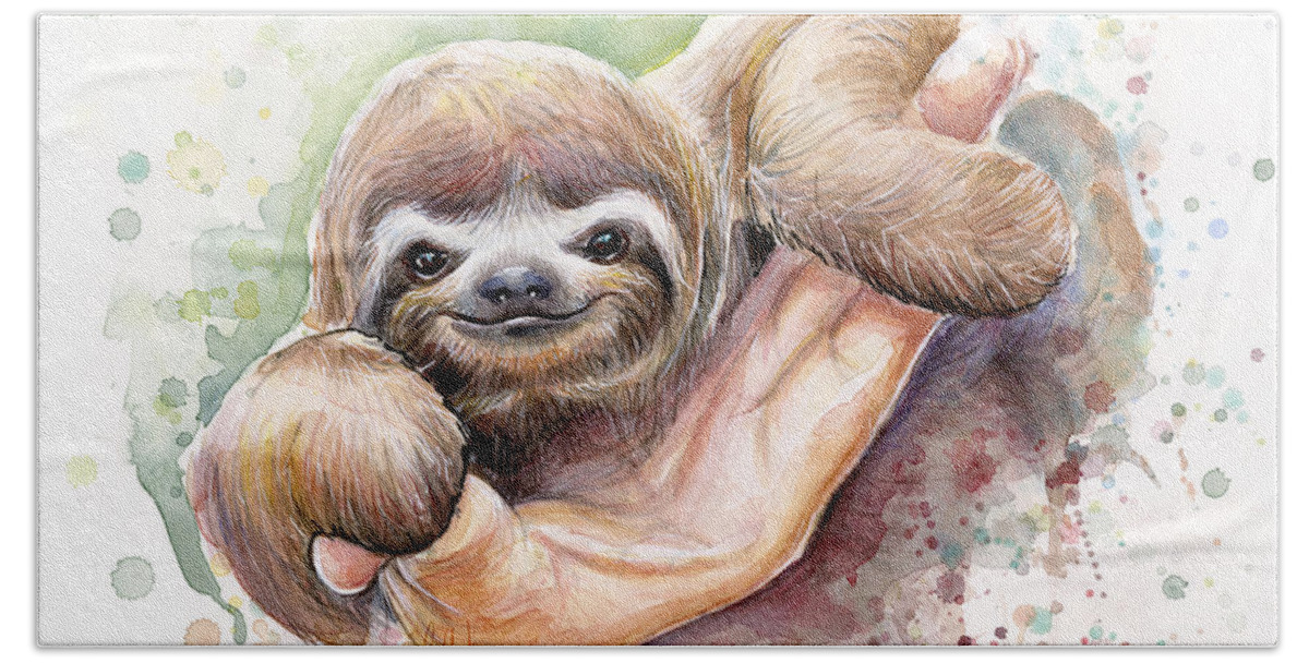 Sloth Hand Towel featuring the painting Baby Sloth Watercolor by Olga Shvartsur