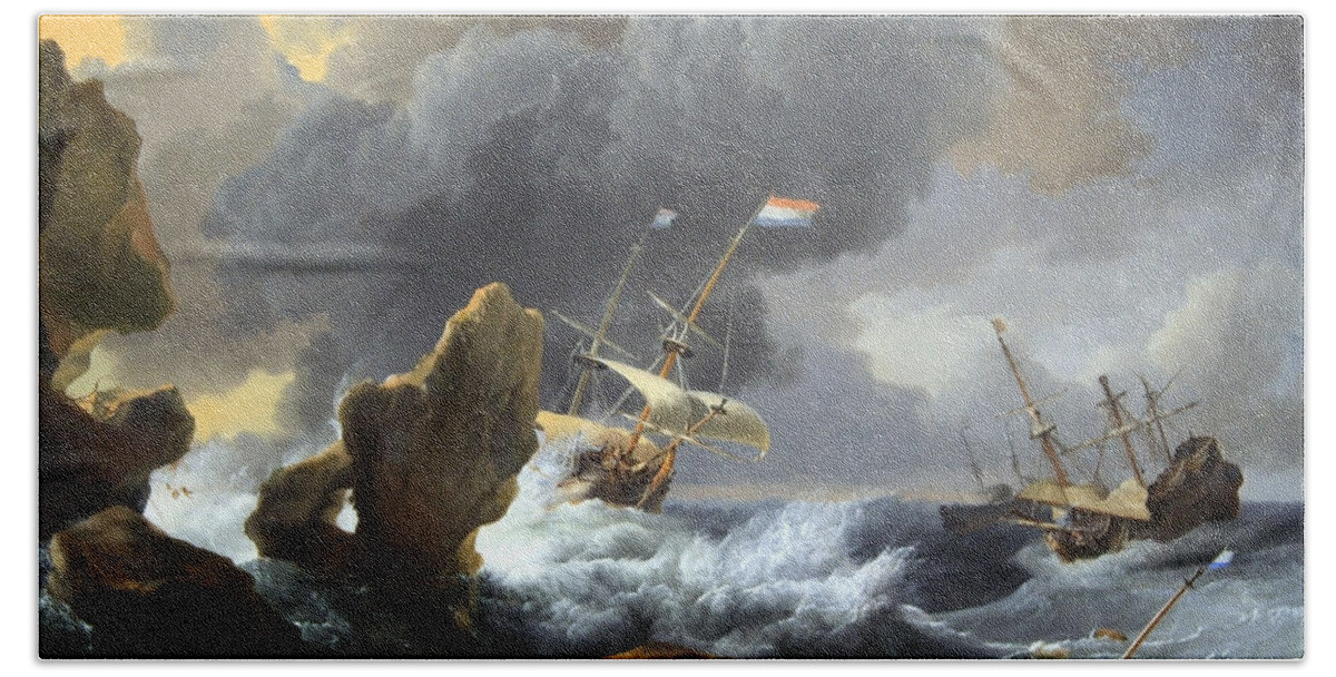 Ships In Distress Off A Rocky Coast Bath Towel featuring the photograph Backhuysen's Ships In Distress Off A Rocky Coast by Cora Wandel