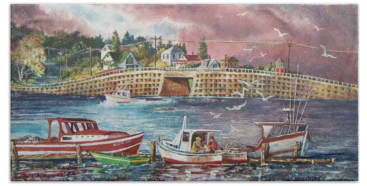Bailey Island Crib Stone Bridge Bath Towel featuring the painting Bailey Island Cribstone Bridge by Joy Nichols