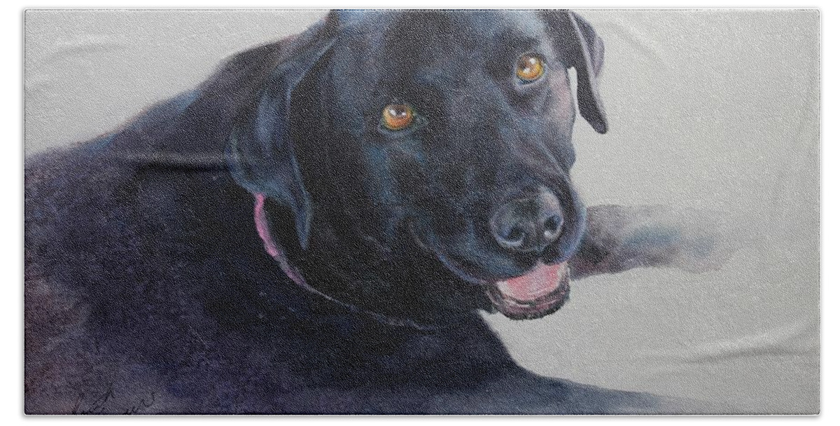 Black Lab Bath Towel featuring the painting Bailey by Ruth Kamenev