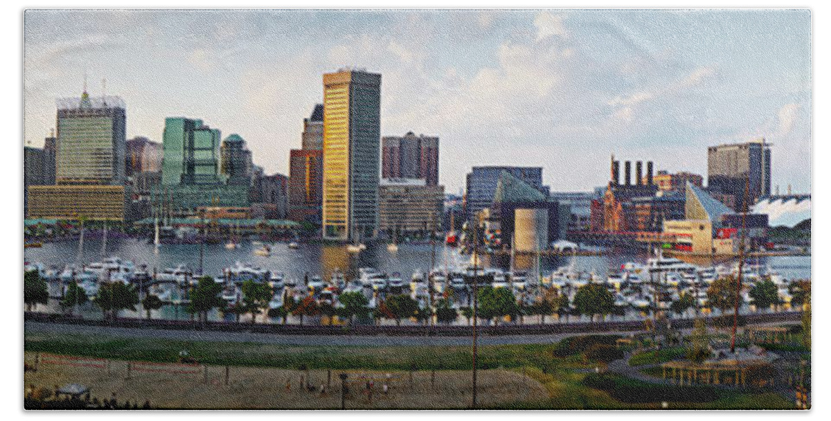 Baltimore Skyline Bath Towel featuring the photograph Baltimore Harbor Skyline Panorama by Susan Candelario