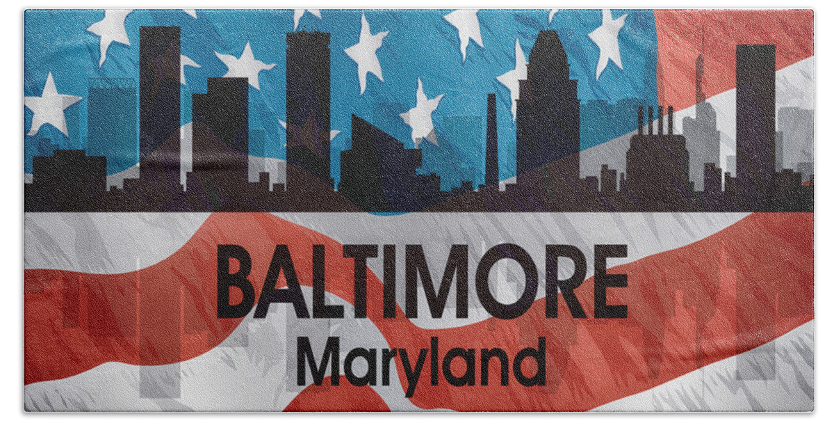Baltimore Maryland Hand Towel featuring the mixed media Baltimore MD American Flag Squared by Angelina Tamez