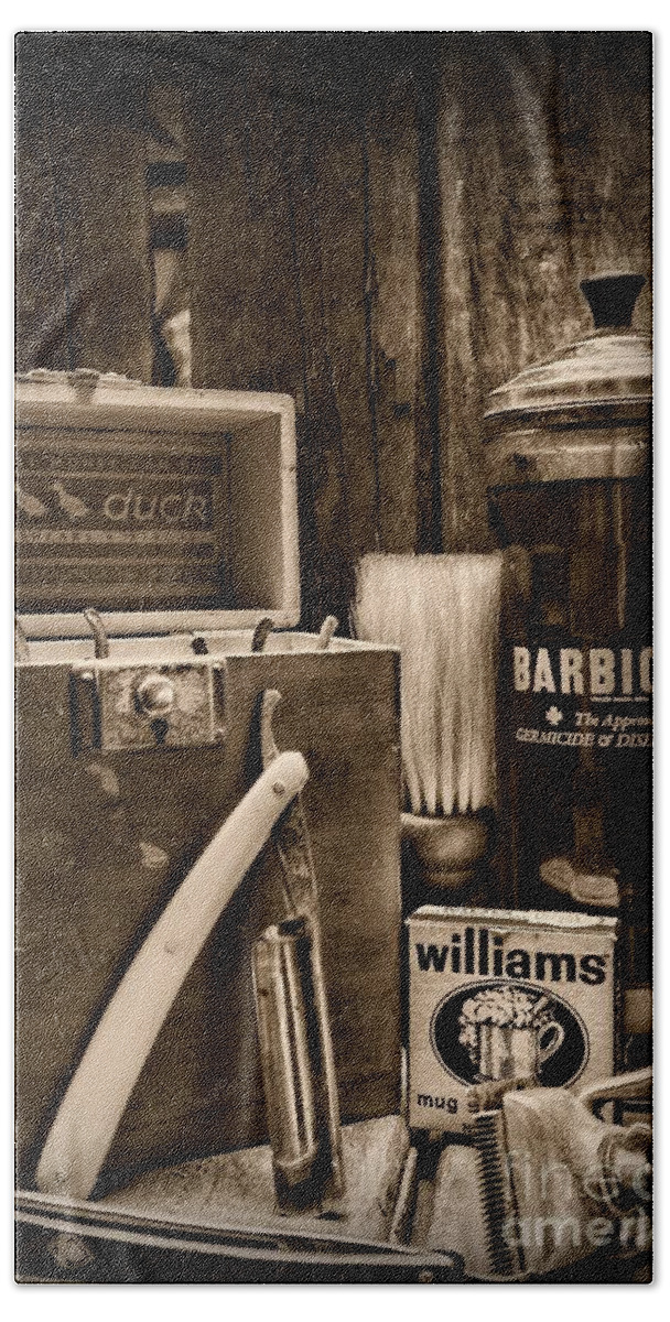 Paul Ward Bath Sheet featuring the photograph Barber - Vintage Barber Tools - black and white by Paul Ward