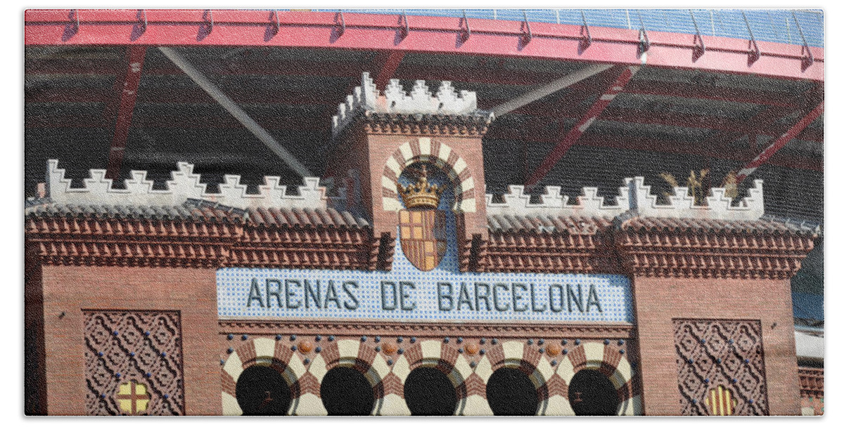 Architecture Bath Towel featuring the photograph Barcelona Bull Fighting Arena Sign in Spain by Brandon Bourdages