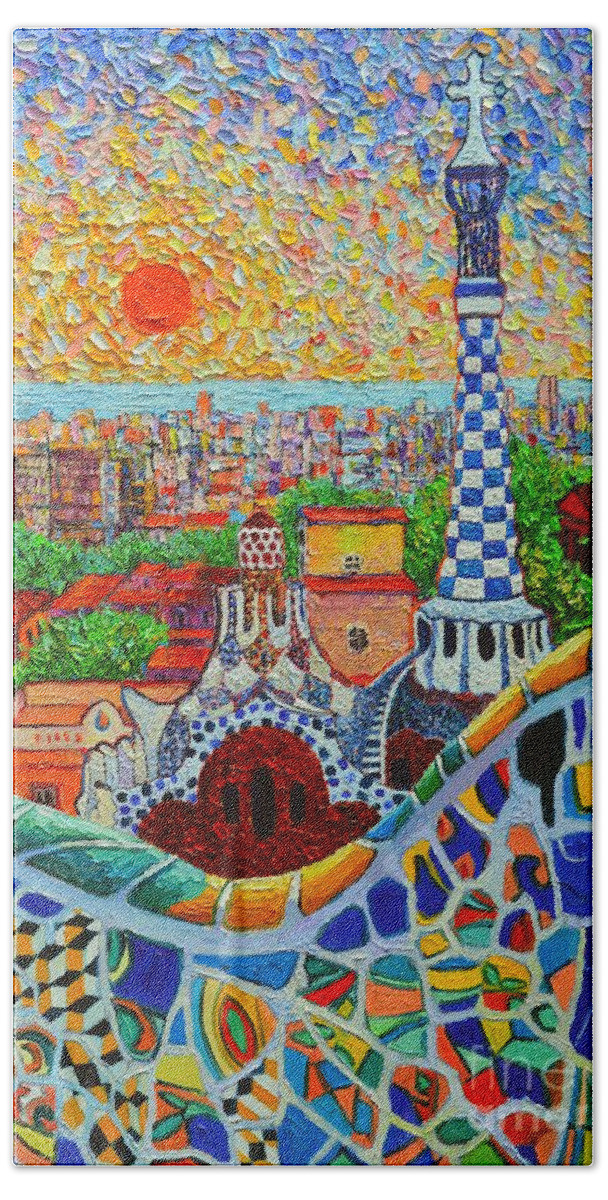 Barcelona Bath Towel featuring the painting Barcelona Sunrise - Guell Park - Gaudi Tower by Ana Maria Edulescu