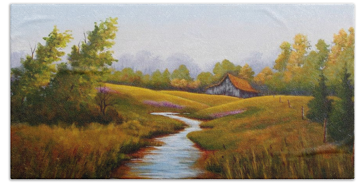 Barn Bath Towel featuring the painting Barn and Stream by Jerry Walker