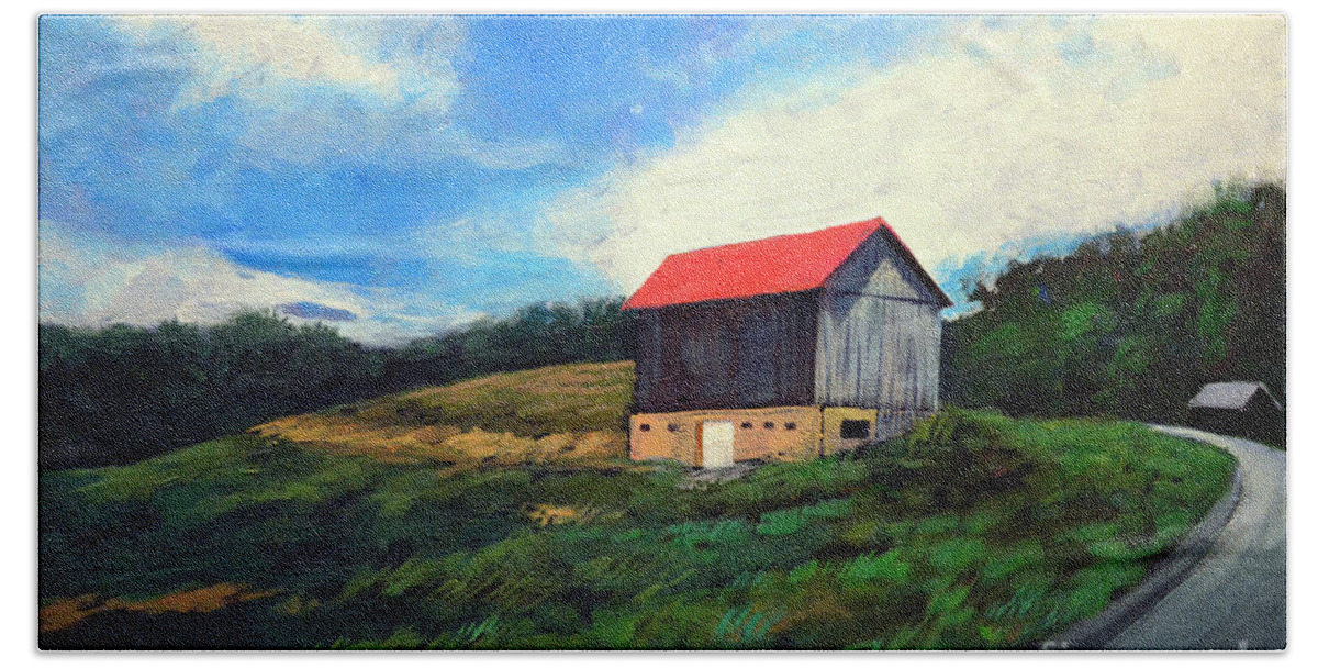 Barn Bath Towel featuring the painting Barn around the bend by Christopher Shellhammer