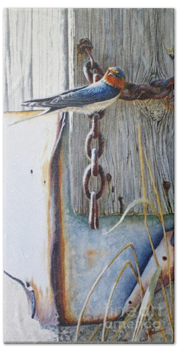 Barn Swallow Bath Towel featuring the painting Barn Swallow by Greg and Linda Halom