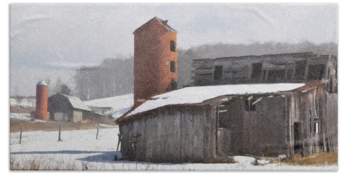 Old Barns Bath Towel featuring the photograph Barns in Winter Oil Painting by Jill Lang