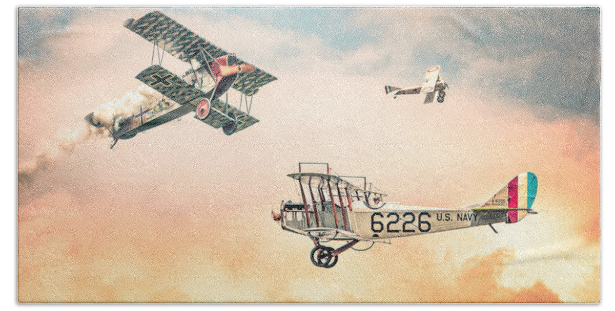 Biplanes Bath Towel featuring the photograph Barnstormers in The Golden Age of Flight - Replica Fokker D Vll - Spad 7 - Curtiss Jenny JN-4H by Gary Heller