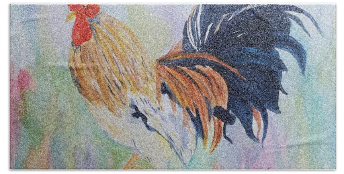 Rooster Hand Towel featuring the painting Barnyard Boss by Ellen Levinson