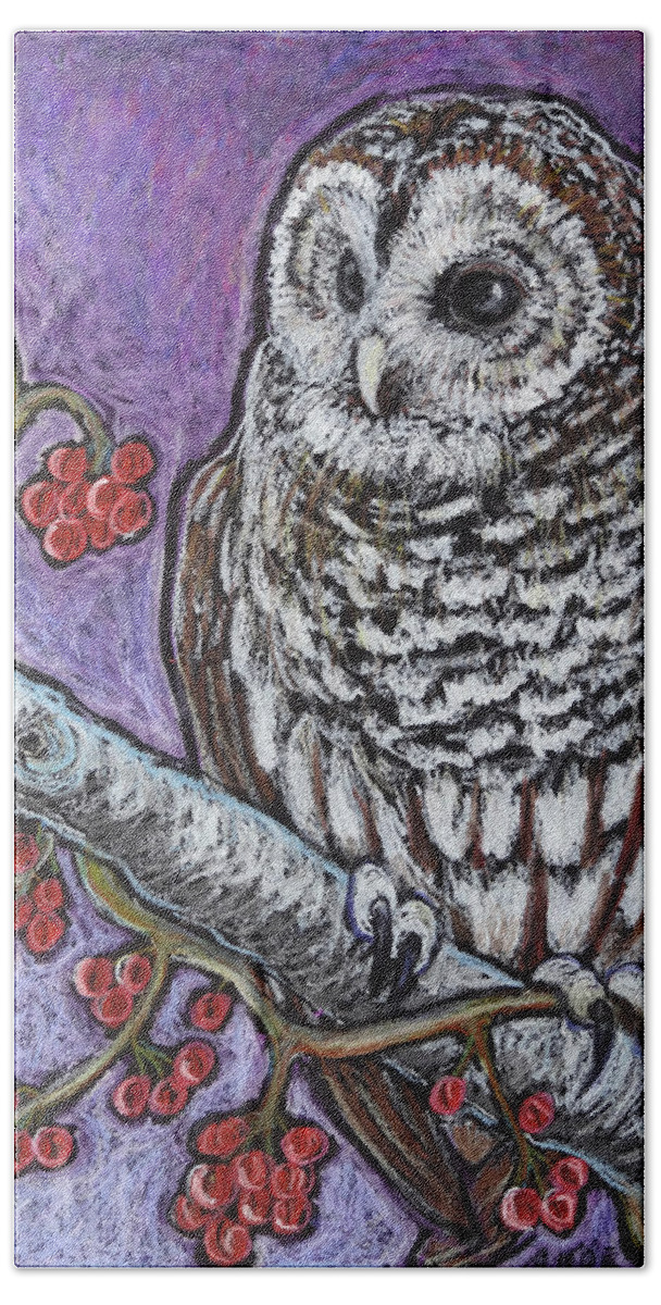 Owl Bath Towel featuring the painting Barred Owl and Berries by Ande Hall