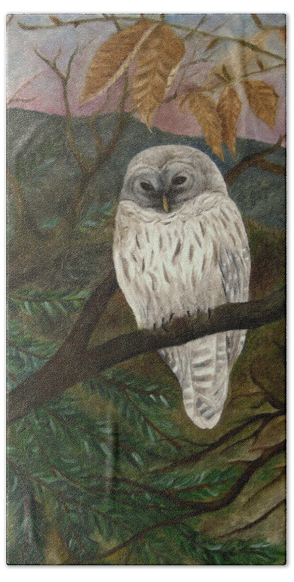 Barred Owl Bath Towel featuring the painting Barred Owl by FT McKinstry