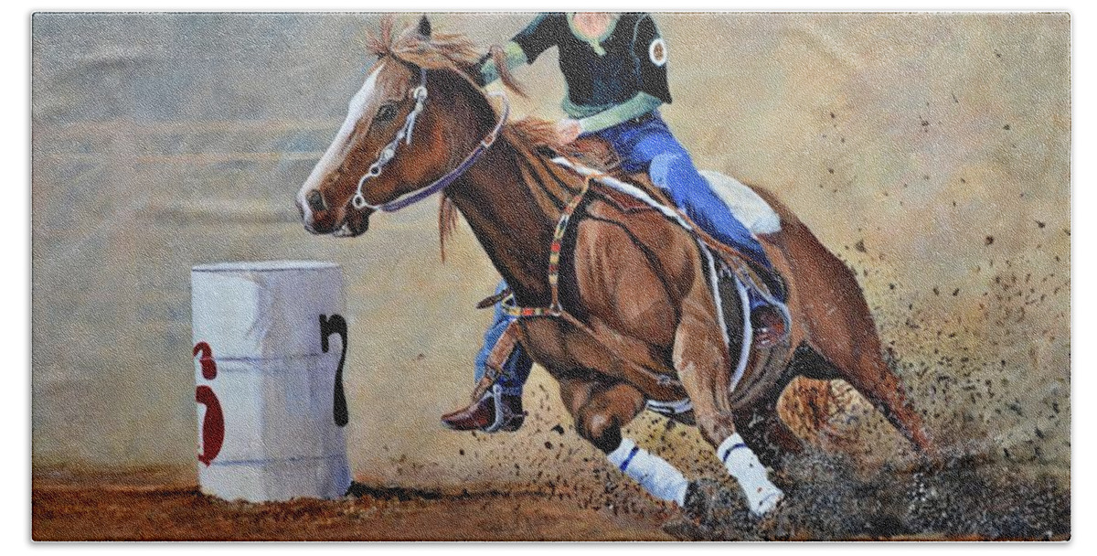 Rodeo Bath Towel featuring the painting Barrel Racer by Barry BLAKE