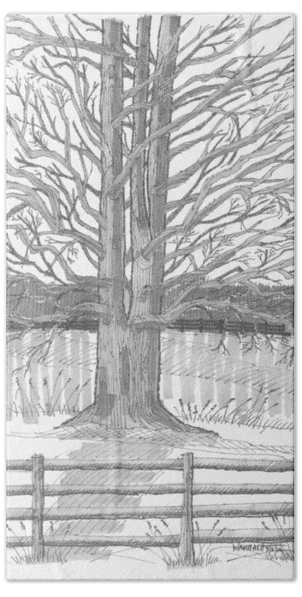 Landscape Bath Towel featuring the drawing Barrytown Tree by Richard Wambach