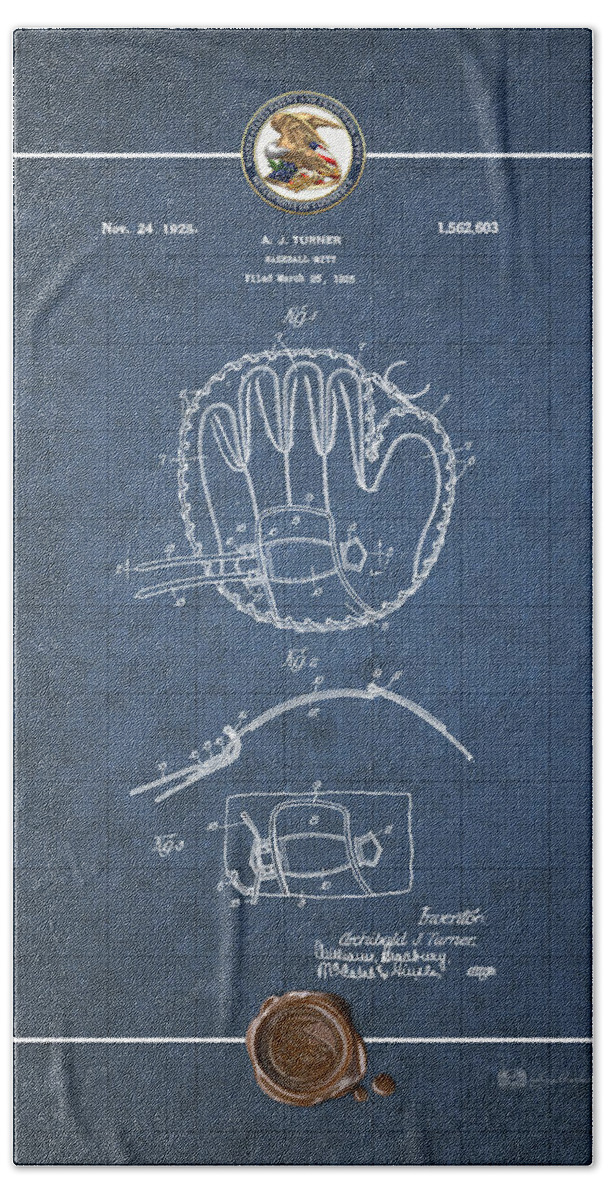 C7 Sports Patents And Blueprints Bath Towel featuring the digital art Baseball mitt by Archibald J. Turner - Vintage Patent Blueprint by Serge Averbukh