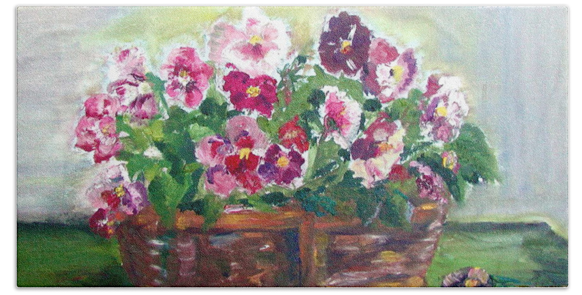 Pansies Bath Towel featuring the painting Basket of Pansies by Anna Ruzsan