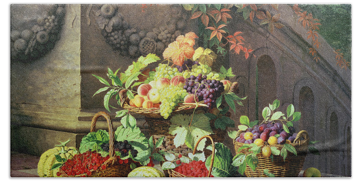 Still Life Hand Towel featuring the painting Baskets of Summer Fruits by William Hammer