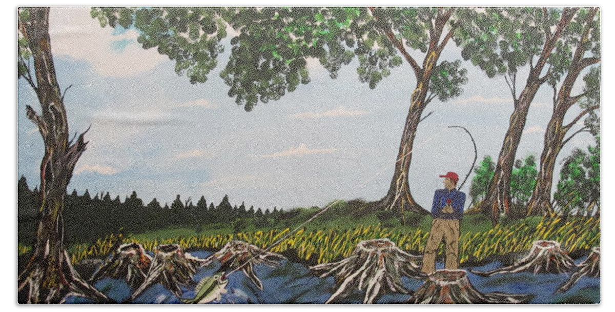  Hand Towel featuring the painting Bass Fishing In The Stumps by Jeffrey Koss