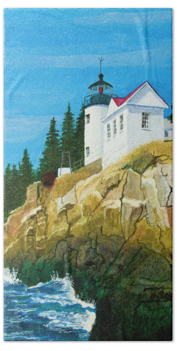 Lighthouse Hand Towel featuring the painting Bass Harbor Lighthouse by Mike Robles