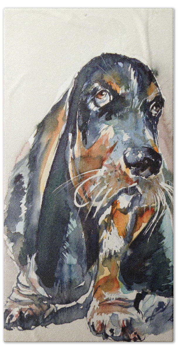 Dog Hand Towel featuring the painting Basset hound by Kovacs Anna Brigitta