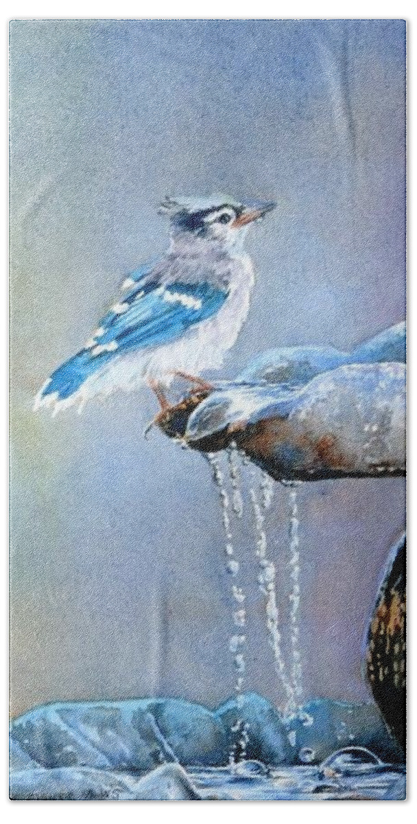 Beautiful Blues And Grays Of A Baby Blue Jay Drinking At A Water Fountain. Bath Towel featuring the painting Bathing Baby Blue Jay by Brenda Beck Fisher