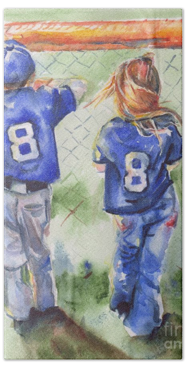 Baseball Bath Towel featuring the painting Batter Up by Maria Reichert