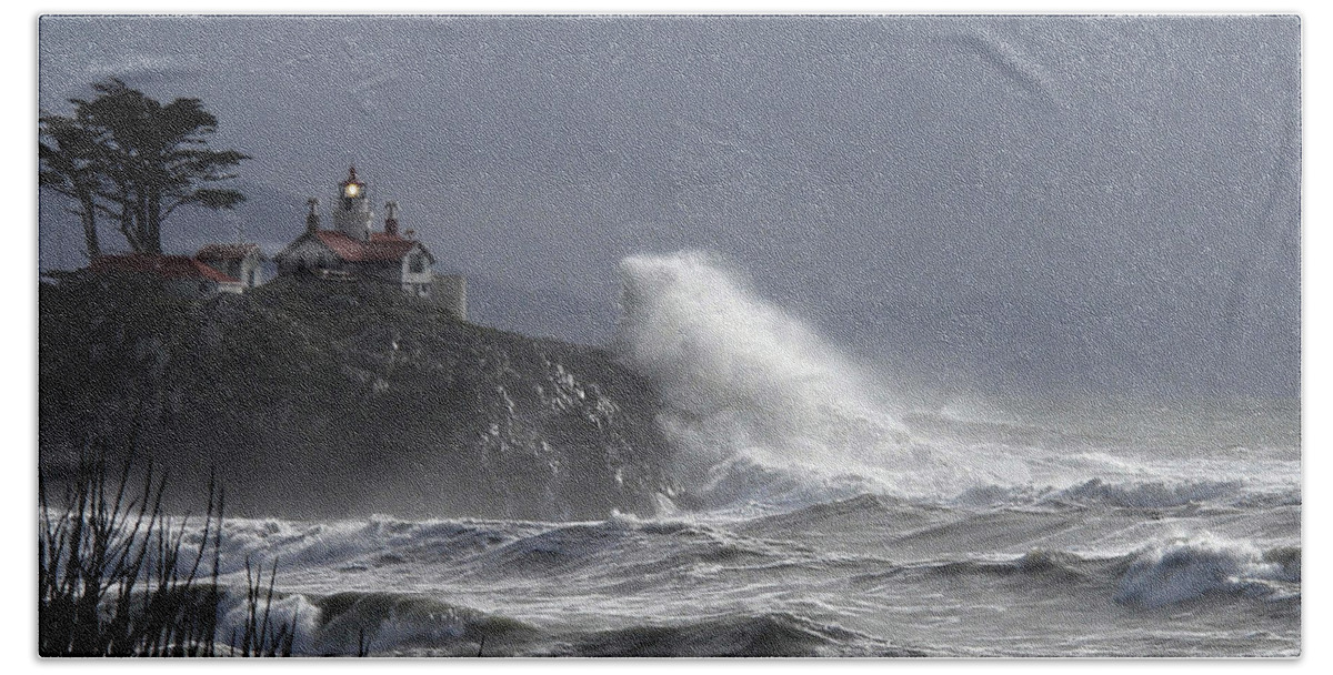 Battery Point Lighthouse Hand Towel featuring the photograph Battery Point Storm by Betty Depee