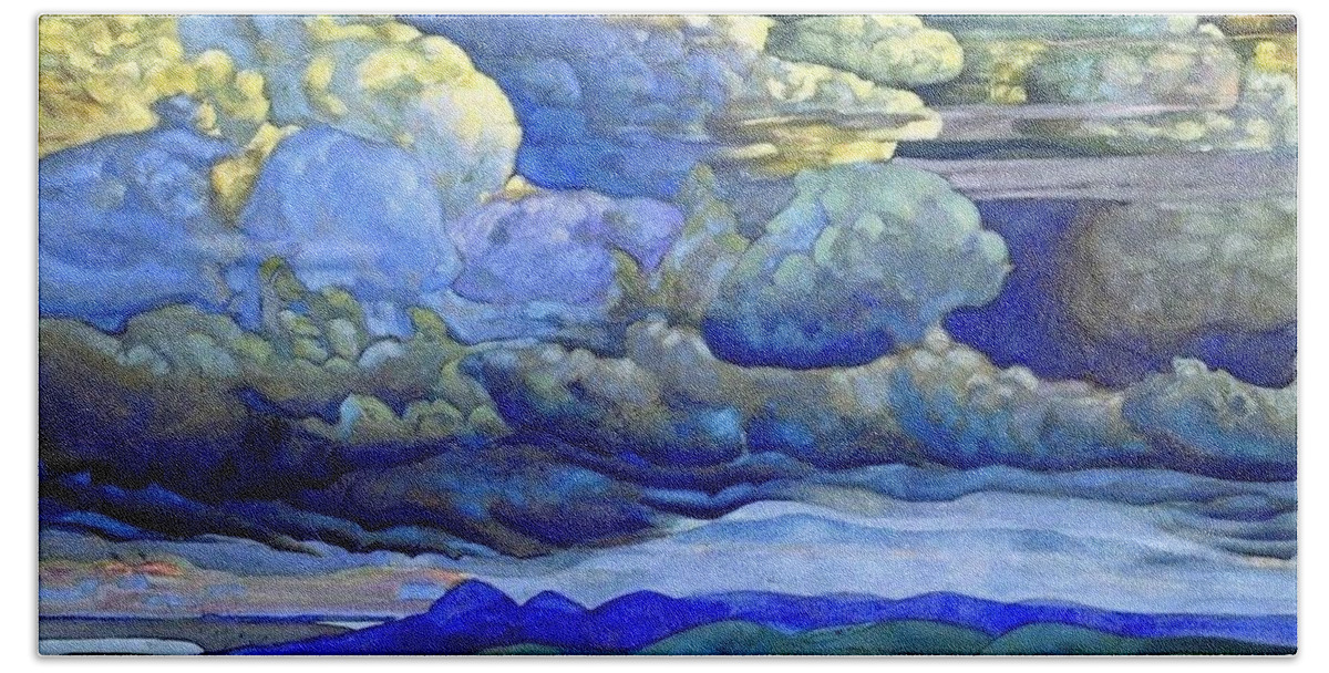 1912 Bath Towel featuring the painting Battle in the Heavens by Nicholas Roerich