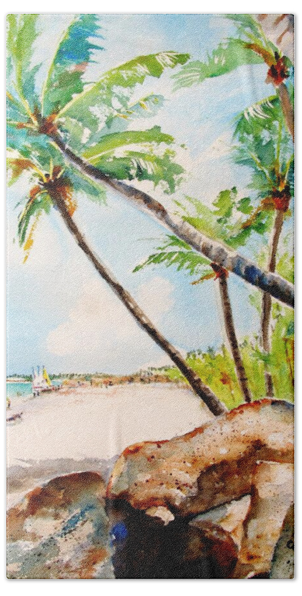 Tropical Beach Hand Towel featuring the painting Bavaro Tropical Sandy Beach by Carlin Blahnik CarlinArtWatercolor
