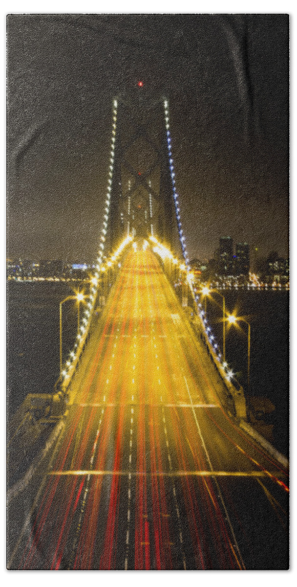 Black Hand Towel featuring the photograph Bay Bridge Traffic by Bryant Coffey