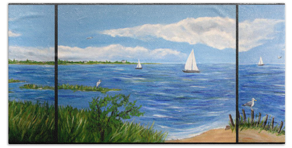 Barnegat Bay Hand Towel featuring the painting Bayville Trio by Clara Sue Beym