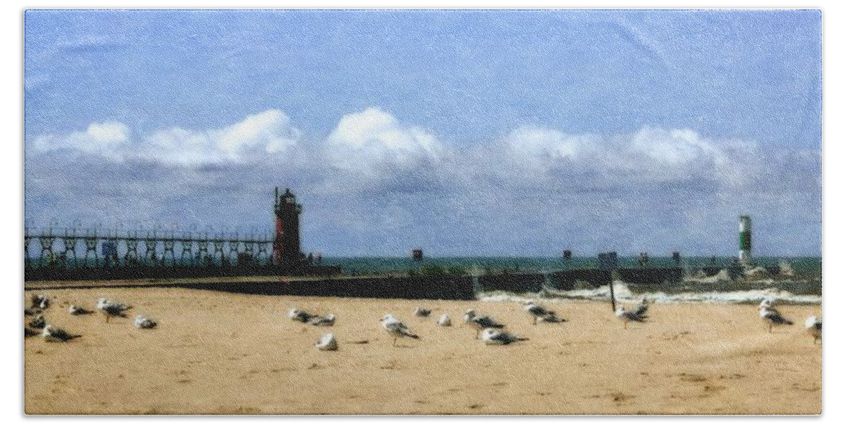 Black River Bath Towel featuring the photograph Beach at South Haven by Michelle Calkins