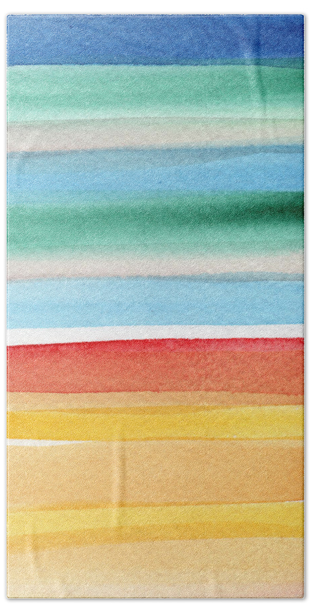 Beach Landscape Painting Bath Sheet featuring the painting Beach Blanket- colorful abstract painting by Linda Woods