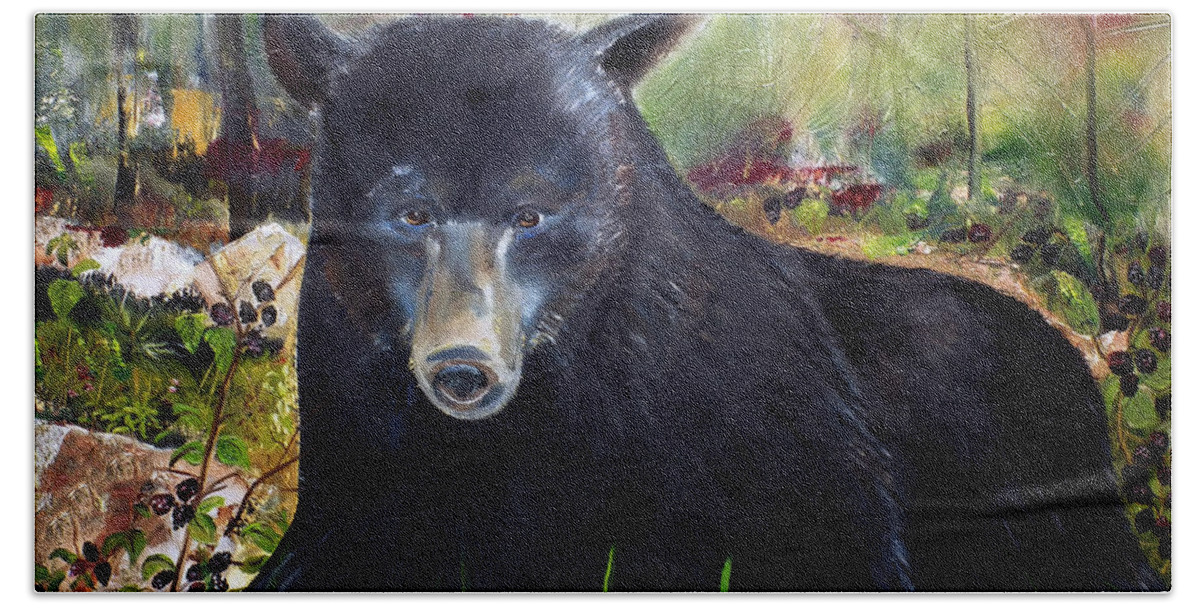 Black Bear In Blackberry Patch Bath Towel featuring the painting Bear Painting - Blackberry Patch - Wildlife by Jan Dappen