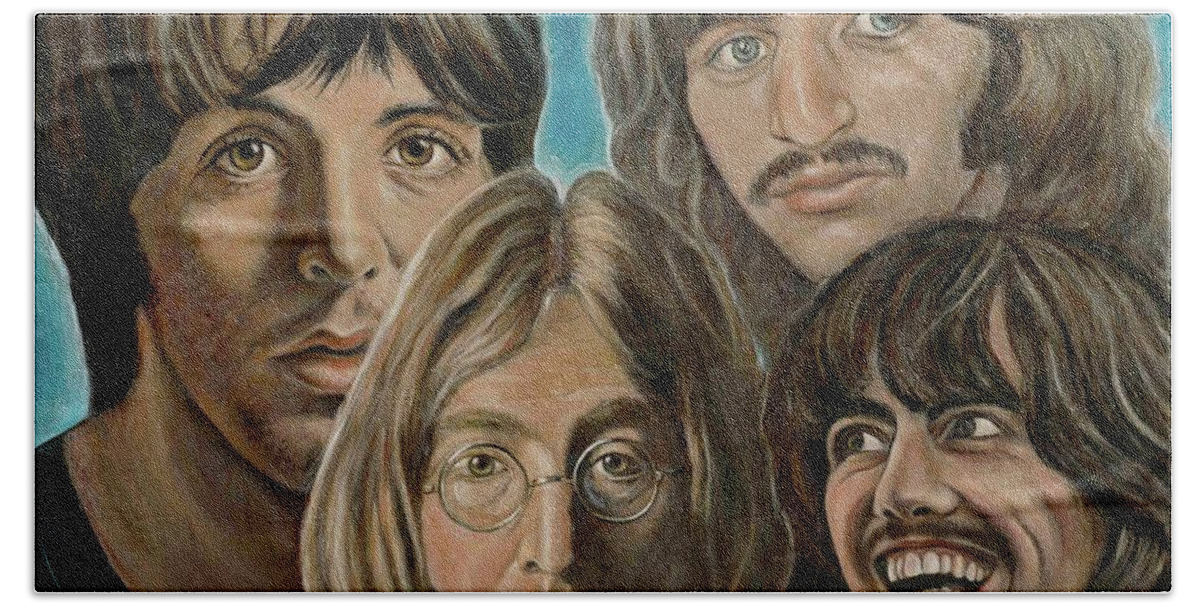 Beatles Bath Towel featuring the painting Beatles The Fab Four by Melinda Saminski