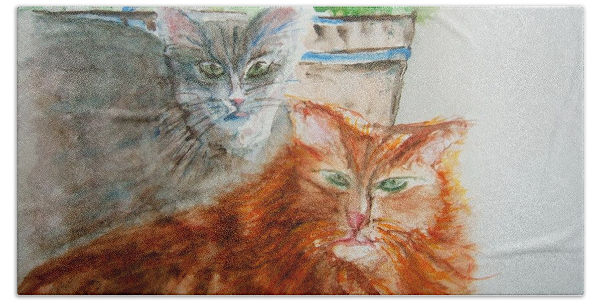 Cats Bath Towel featuring the painting Beauregard and Stonewall by Elaine Duras