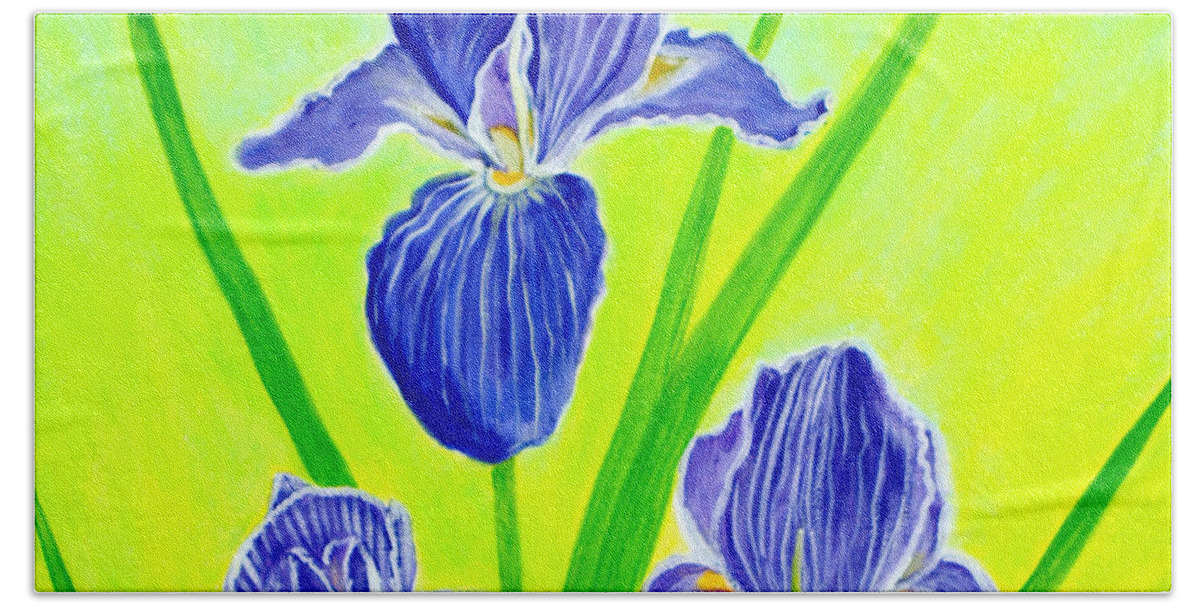 Iris Flowers Bath Towel featuring the painting Beautiful Iris Flowers Card by Oksana Semenchenko