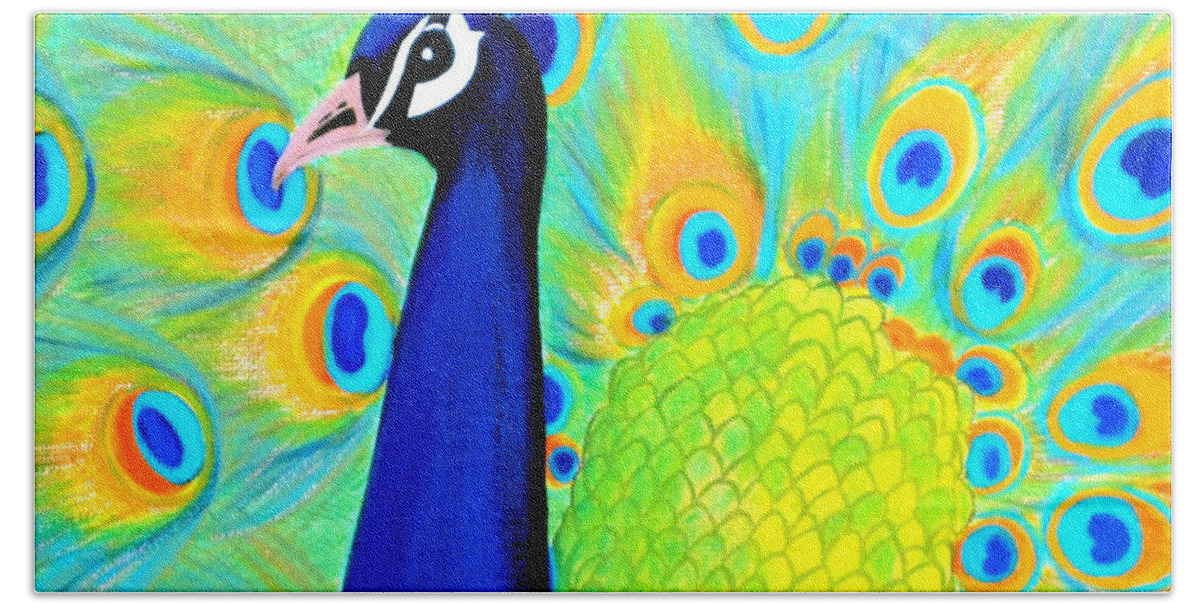 Peacock Bath Towel featuring the painting Beautiful Peacock Card by Oksana Semenchenko