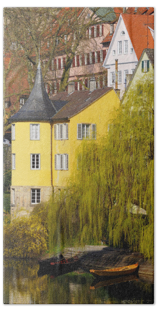 Tuebingen Bath Towel featuring the photograph Beautiful yellow Hoelderlin Tower in Tuebingen by Matthias Hauser