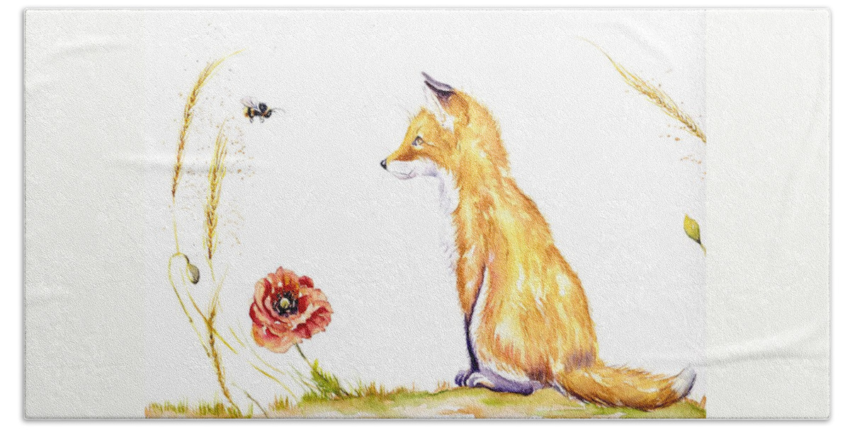 Fox Bath Towel featuring the painting Fox Cub - Bee a Family by Debra Hall