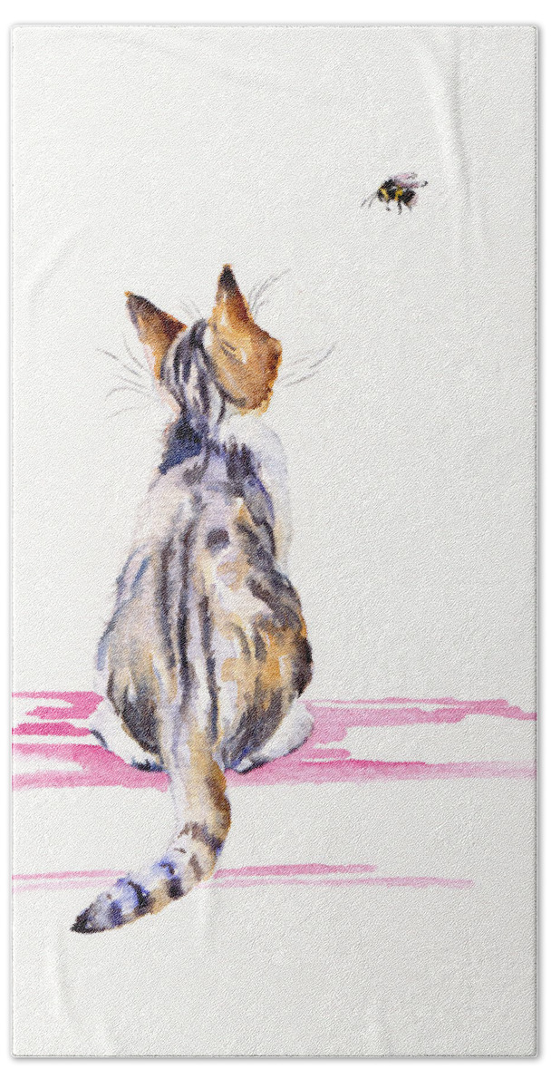 Cat Bath Towel featuring the painting Kitten - Bee-mused by Debra Hall