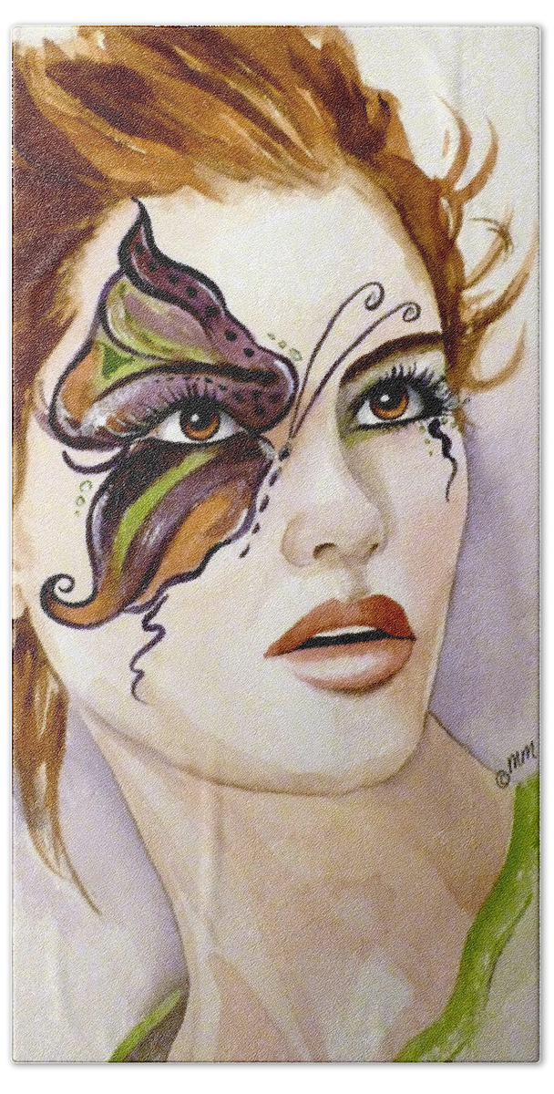 Redhead Woman Hand Towel featuring the painting Behind the Mask by Michal Madison