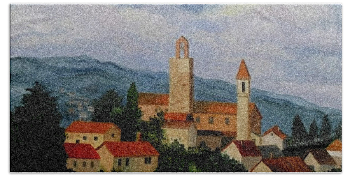 Italy Hand Towel featuring the painting Bell Tower of Vinci by Julie Brugh Riffey